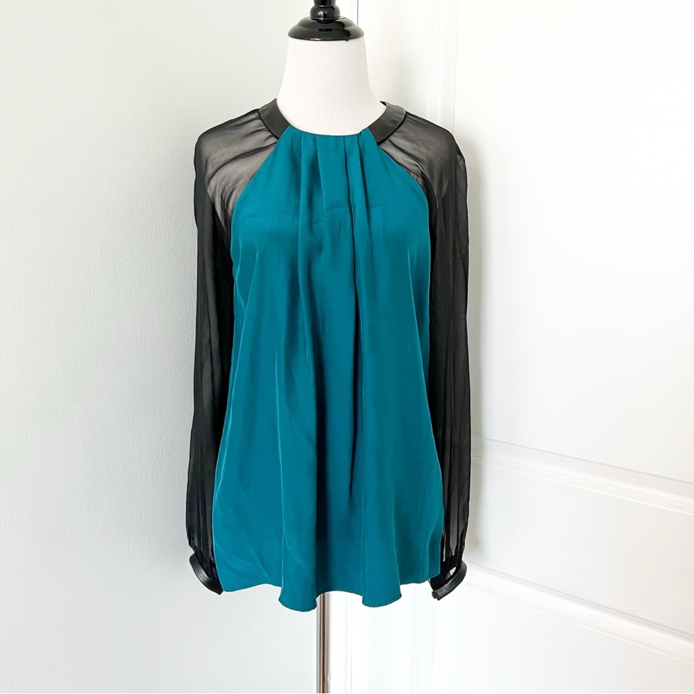 Wai Ming Teal Blue and Black Long Sleeve Pleated Blouse - small